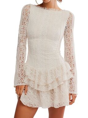 Free People Ivory Lace Long-Sleeve Ruffle Mini Dress